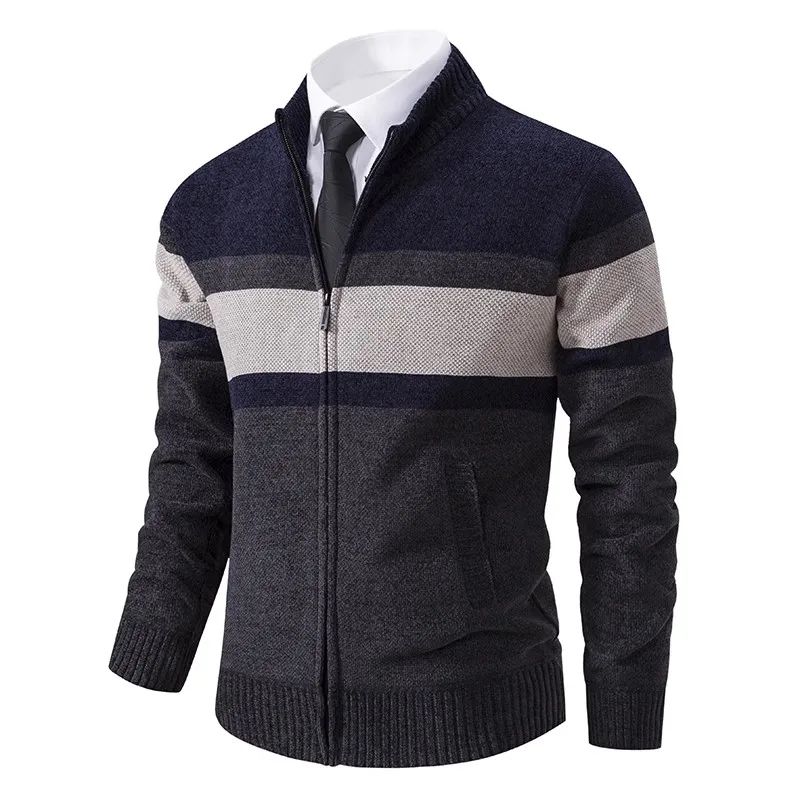New Autumn Winter Fashion Striped Cardigan Men Slim Knitted Sweaters Outerwear Mens Stand Collar Zipper Knitting Sweatercoat Man