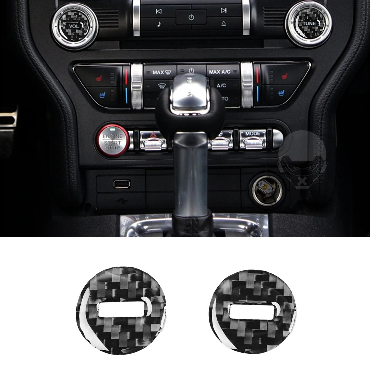 

For Ford Mustang 2015-2020 Auto Interior Accessories Carbon Fiber 2pcs Car Multimedia Knob Decoration Sticker Decal Cover Trim