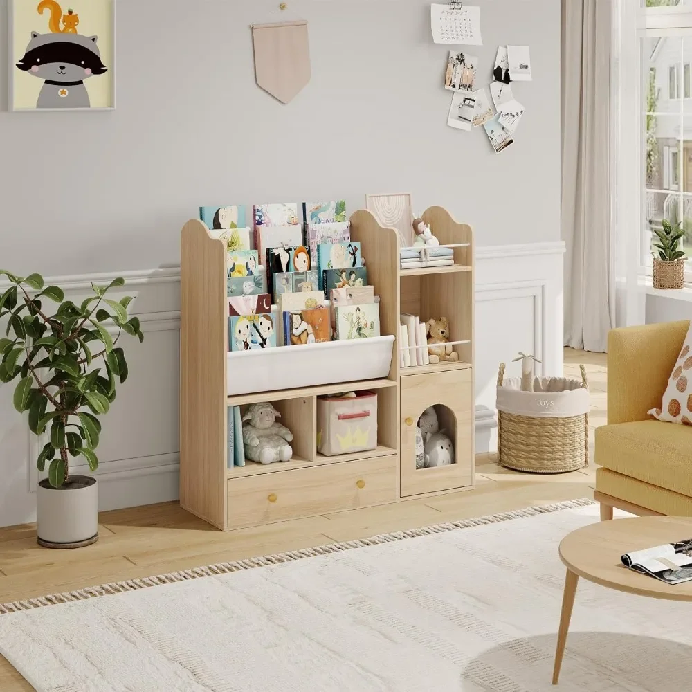 Kids Bookshelf, Toy Storage Organizer with 5 Storage Cubbies and Large Drawer, Bookcase Display Stand, Kids Bookshelf 5