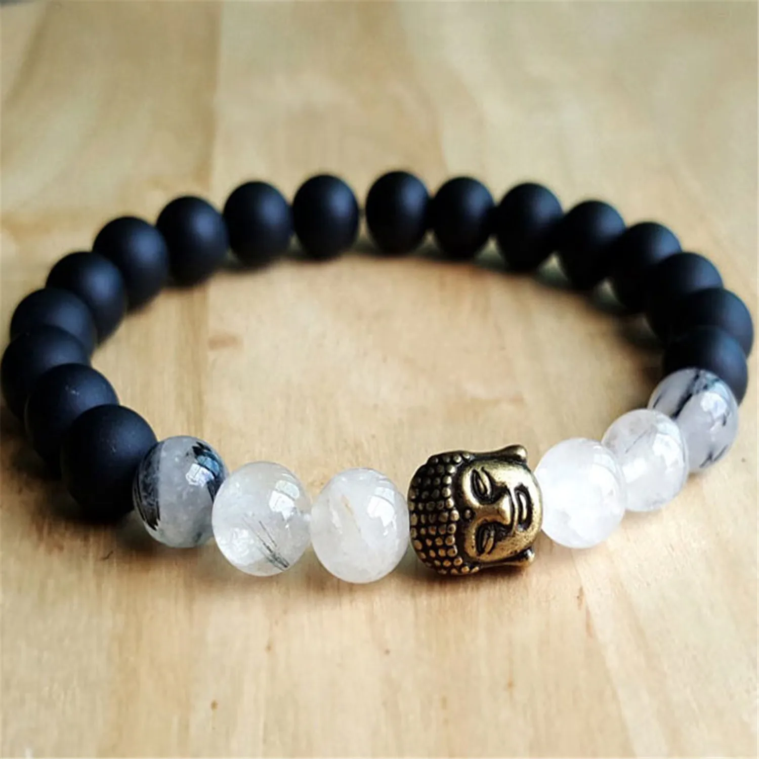 

8mm Natural Black Tourmalated Mala Bracelet Children Fabric Women Crafted Unisex Semi-Precious Stones Stackable Everyday Party