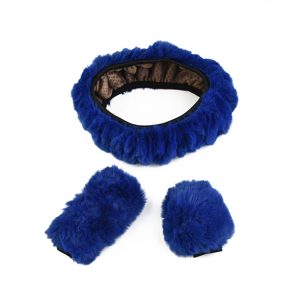

Car Decor Steering Wheel Cover Auto Car 3 Pcs Fashion Faux Wool Fluffy Four Seasons Set Shift Gear Cover Thick Warm 38cm