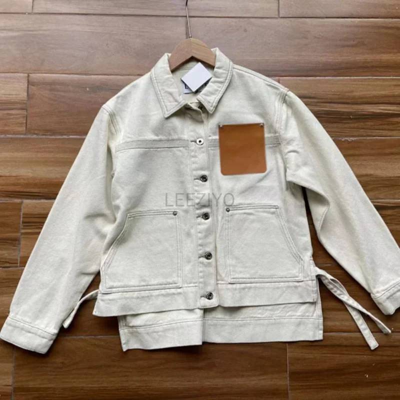 

Winter Autumn Fashion Men's and Women's LOE Pocket Patchwork Jacket Casual Loose Top Flip Collar Comfortable Denim Shirt
