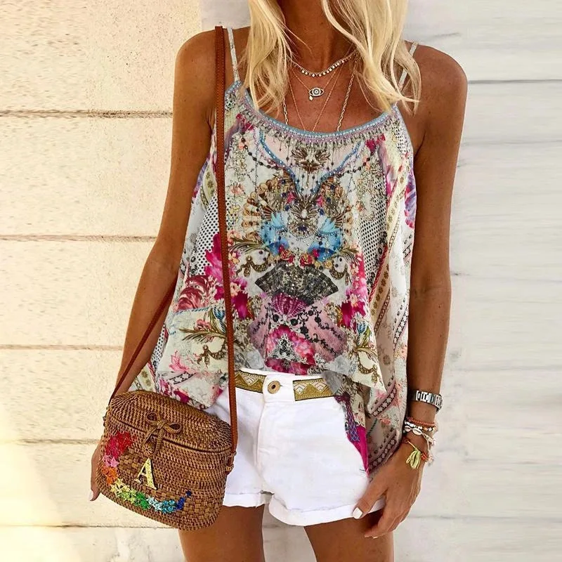 Ethnic Vintage Floral Print Cotton Top O Neck Sleeveless Boho Relaxed ...