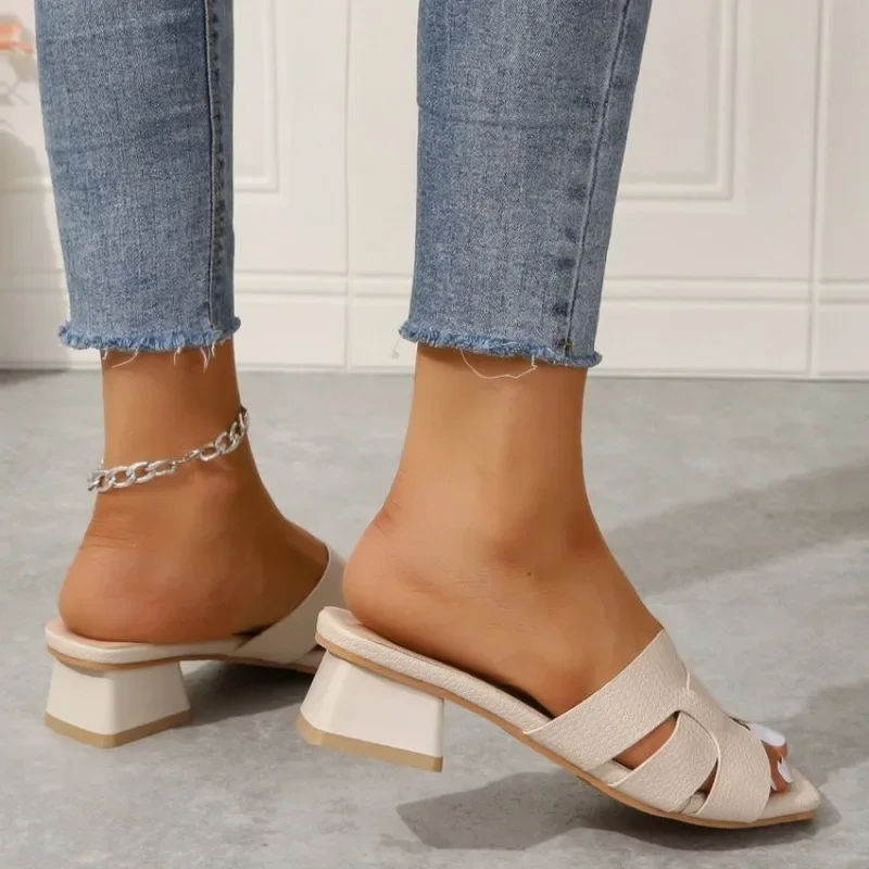 Women's Chunky Heeled Sandals, Fashion Square Open Toe Slip On Heels, Elegant Wedding White Sandals — view 3