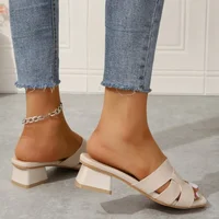 Women's Chunky Heeled Sandals, Fashion Square Open Toe Slip On Heels, Elegant Wedding White Sandals - Image 3