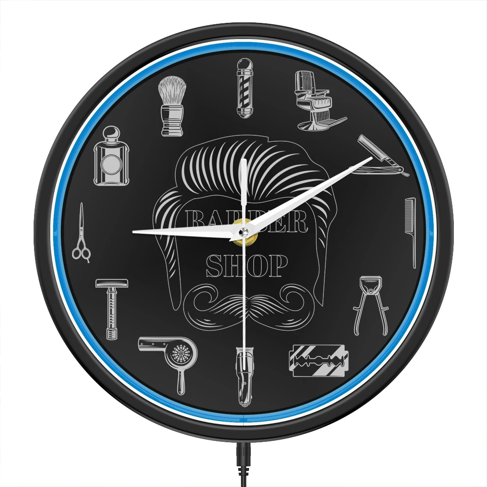 Barber Shop Red Neon Logo Metal Frame Wall Clock for Man Cave Barbering Business Sign Flexible Flex illuminated Neon Wall Clock
