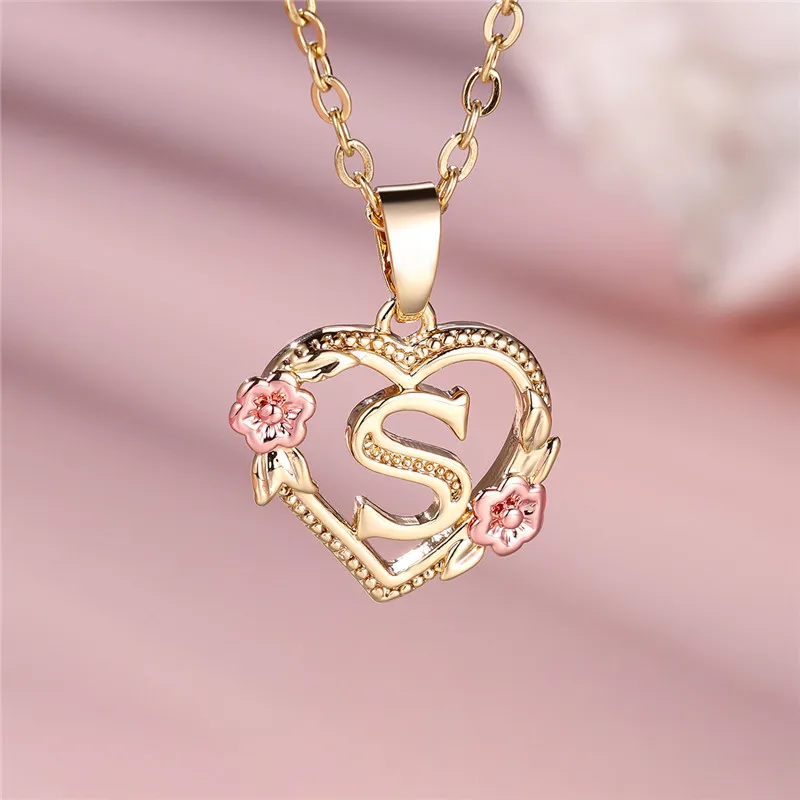 Female A-Z Letter Flower Pendant Necklace Yellow Gold