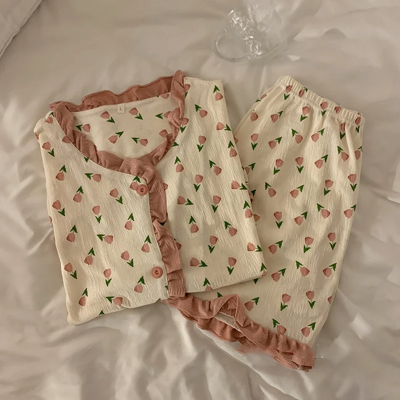 Lace Round Necked Pajamas For Women 2024 New Short Sleeves Shorts Ruffles Female Sleepwear Sets Korean Floral 2Pcs Night-clothes