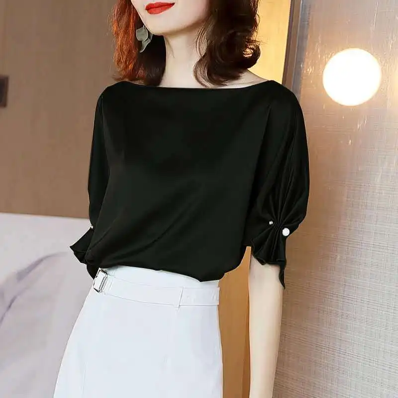 Women's Elegant Satin Blouse - Chic Casual Summer Shirring with Three-Dimensional Decoration