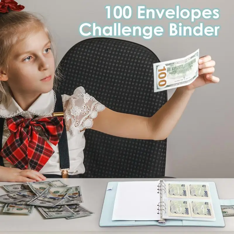 100 Envelope Savings Challenge Binder Waterproof Faux Leather Money Saving Challenge Book Portable A5 Binder Budget Planner Mone