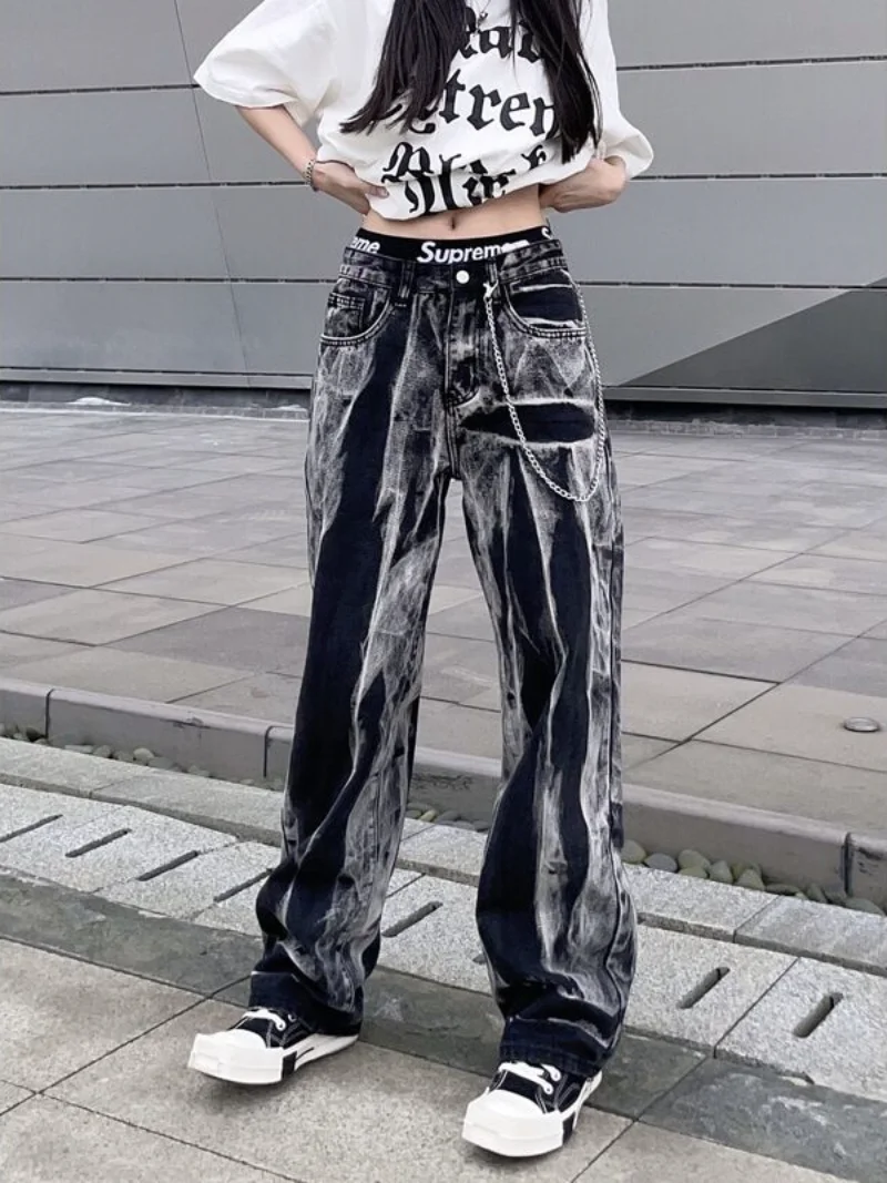 Trousers Black Womens Jeans Tie Dye Woman Pants with Pockets Straight Leg Hippie Streetwear Z Original Spanx Clothes Summer 90s
