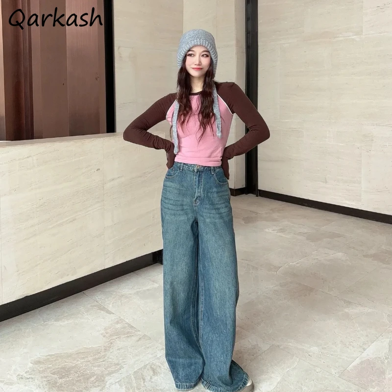 

Jeans Women Spring Girls American Fashion Retro Streetwear Loose Slender Causal All-match Ulzzang Mopping Vintage Solid Simple