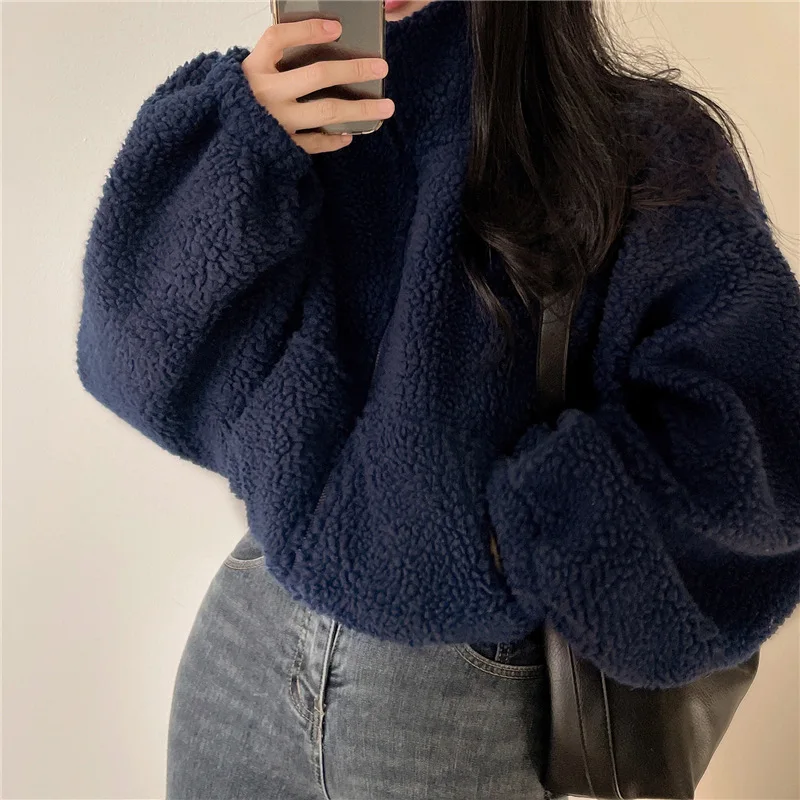 Frauen Herbst Winter Warme Faux Lamm Wolle Mantel Fleece Stehkragen Kurze Jacke Plüsch Dicke Oberbekleidung Zipper Streetwear Mantel – Detail 9