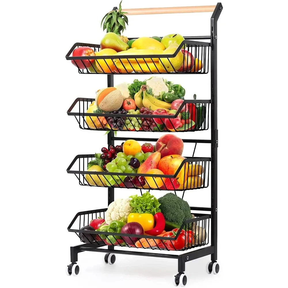 

4 Tier Fruit Vegetable Storage Basket Rolling Cart with Handle and Wheels, Black Trolley Cart for Kitchen, Storage Organization