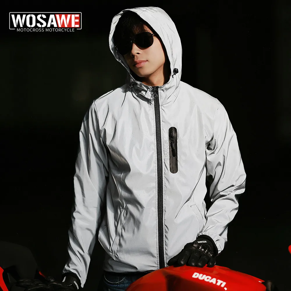 WOSAWE 오토바이 야간 반사 재킷 남성용 바람막이 재킷, 힙합 댄서 가수 방수 지퍼 코트, 라이더 아웃웨어