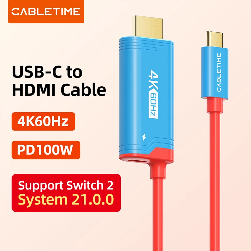 HDMI Cable Adapter CABLETIME Switch 2 HDMI Cable USB C to HDMI Cable Adapter 4K 60Hz HDR PD 100W for Nintendo Switch 1 2 OLED PS4/5 Laptops