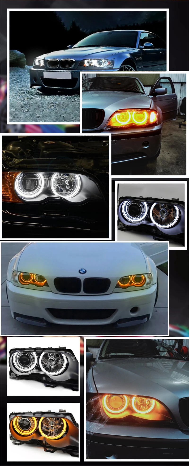 4Pcs For BMW E36 E38 E39 E46 M3 LED Two-Color Cotton Angel Eyes Halo Ring Headlight Lights DRL Daytime Running Turn Signal Lamps