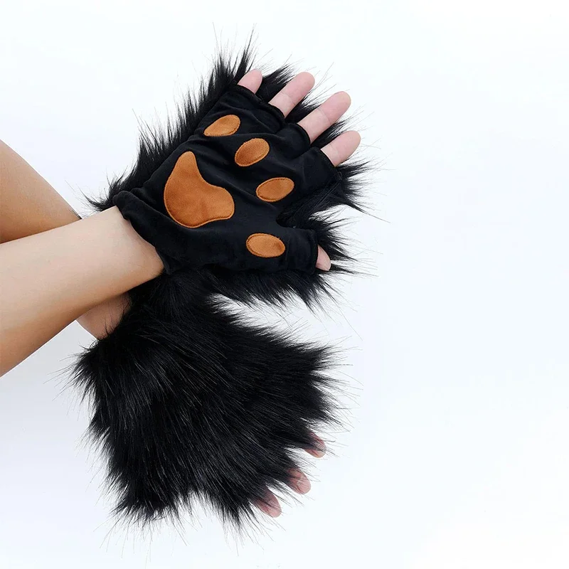 3pcs Fluffy Fur Fox Tail Keychain Cat Paws Gloves and Wolf Therian Mask Set for Halloween Cosplay Costume Accessories halloween costume accessories