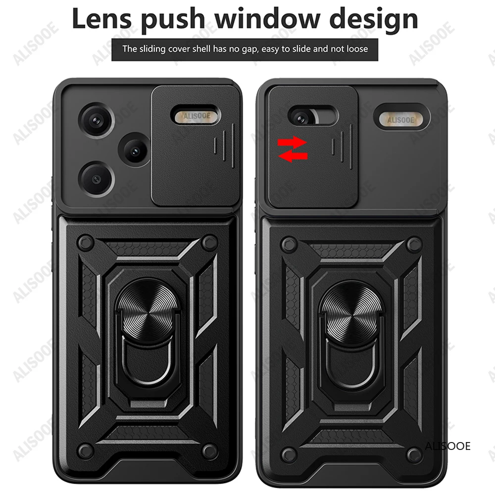 For Redmi Note 13 Pro Plus 5G POCO X6 Pro C65 Case Slide Camera Lens Protect Ring Stand Cover for Xiaomi 13T Redmi 13C Capa