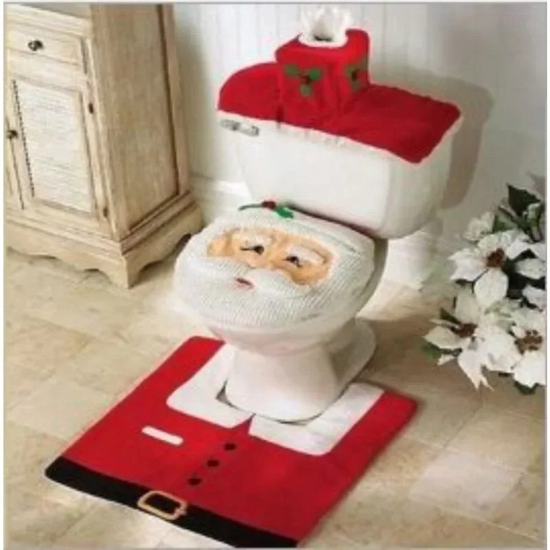 3Pcs Santa Claus Toilet Cover With Foot Pad Water Tank Cover+Tissue Cover Toilet Decoration Set Bathroom Decoration Wholesale
