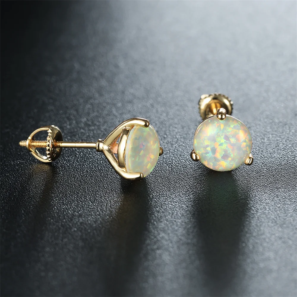 6/7/8MM Round Stone Screw Back Earring White Fire Opal Stud Earrings For Women Trendy Gold Color Wedding Jewelry Minimalist Gift