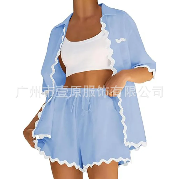 

Женский летний костюм из двух предметов, Повседневная Однотонная рубашка с волнистым воротником, коротким рукавом и вышивкой, лето 2019