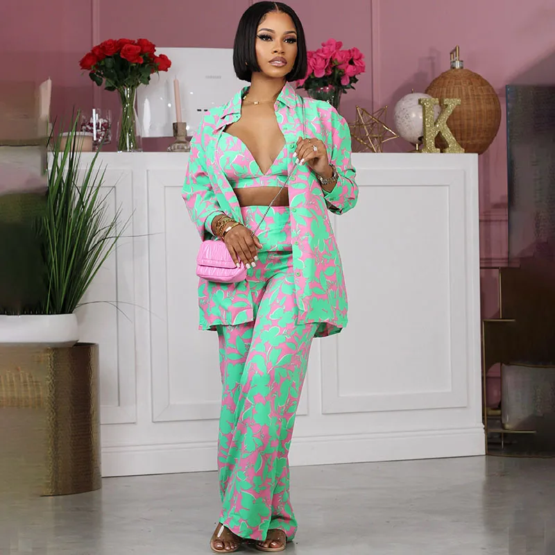 

Floral Printing 3 Piece Set Women Outfit Elegant Long Sleeve Shirt Top + Bra + Wide Leg Pants Suit Casual Vacation Matching Sets