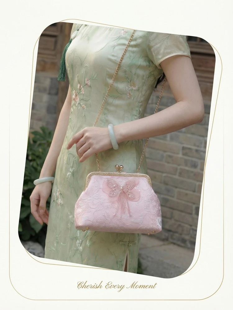 Chinese Style Butterfly Embroidery Clutch Vintage Lace Kiss Lock Handbag Elegant Evening Bag with Gold Chain for Women