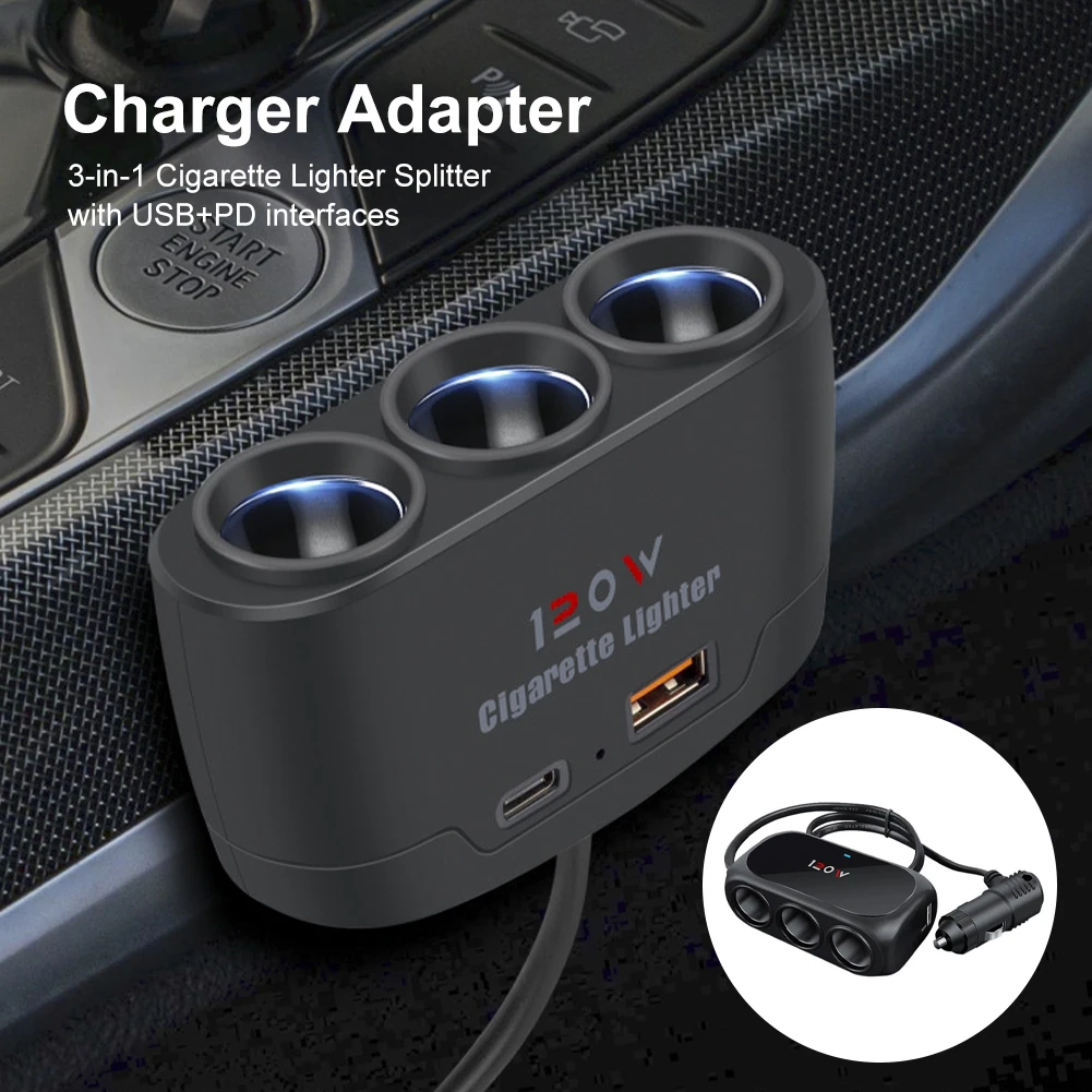 

120W Car Charger Adapter 3 Socket Cigarette Lighter Splitter Multifunctional Car Charge Independent Switches Cigarette Outlet