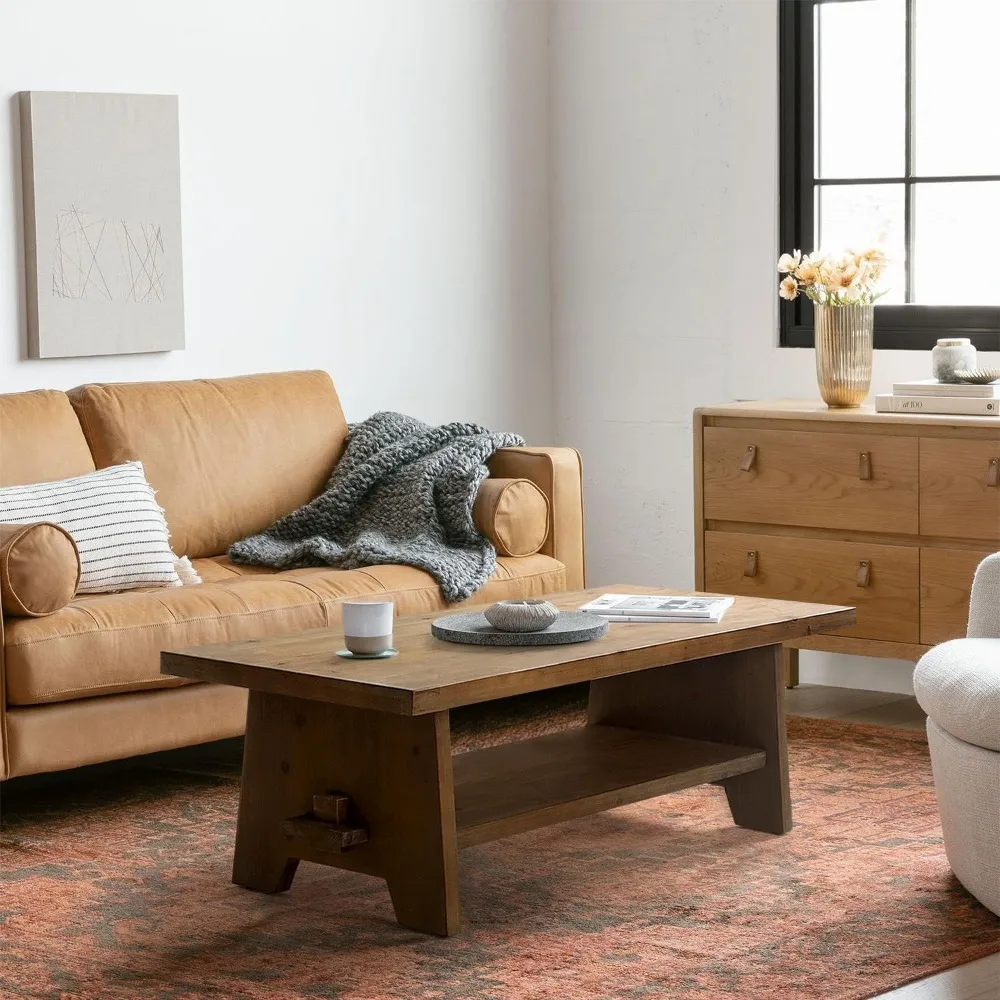 Farmhouse Wood Coffee Table - 43.4” Mid Century Modern Wooden Coffee Tables for Living Room, Solid Firwood Tabletop Rectangle 3