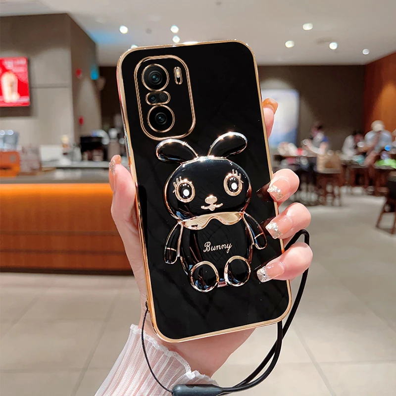 

For Xiaomi Poco X2 F2 F3 X3 X4 F4 GT Phone Case Cute Cartoon Rabbit Fold Stand With Lanyard Soft Silicone Luxury Plating Cover