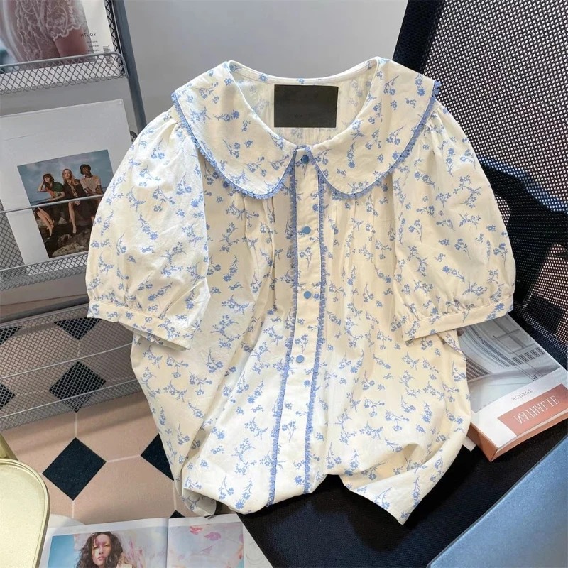 DAYIFUN French Doll Neck Shirts Women's Unique Fragmented Flower Full Print Design Blouses Female Summer Sweet Tops Loose Blusas