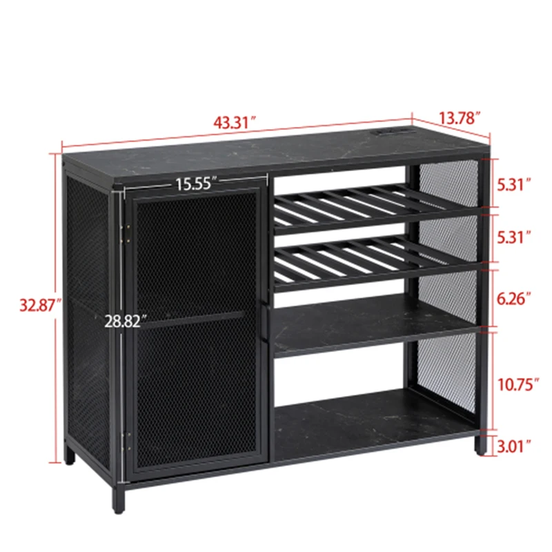 Bar Cabinet,Wine Bar Cabinet,Liquor Storage Credenza,Sideboard with Wine Racks & Stemware Holder,With UAB socket,Black