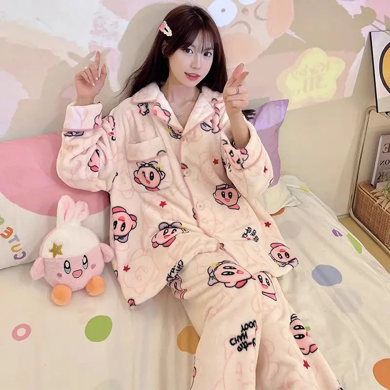 

Anime Kirby Coral Velvet Thickened Pajamas Autumn Winter Sleepwear Fleece Cartoon Hello Kitty Homewear Flannel Loungewear Set