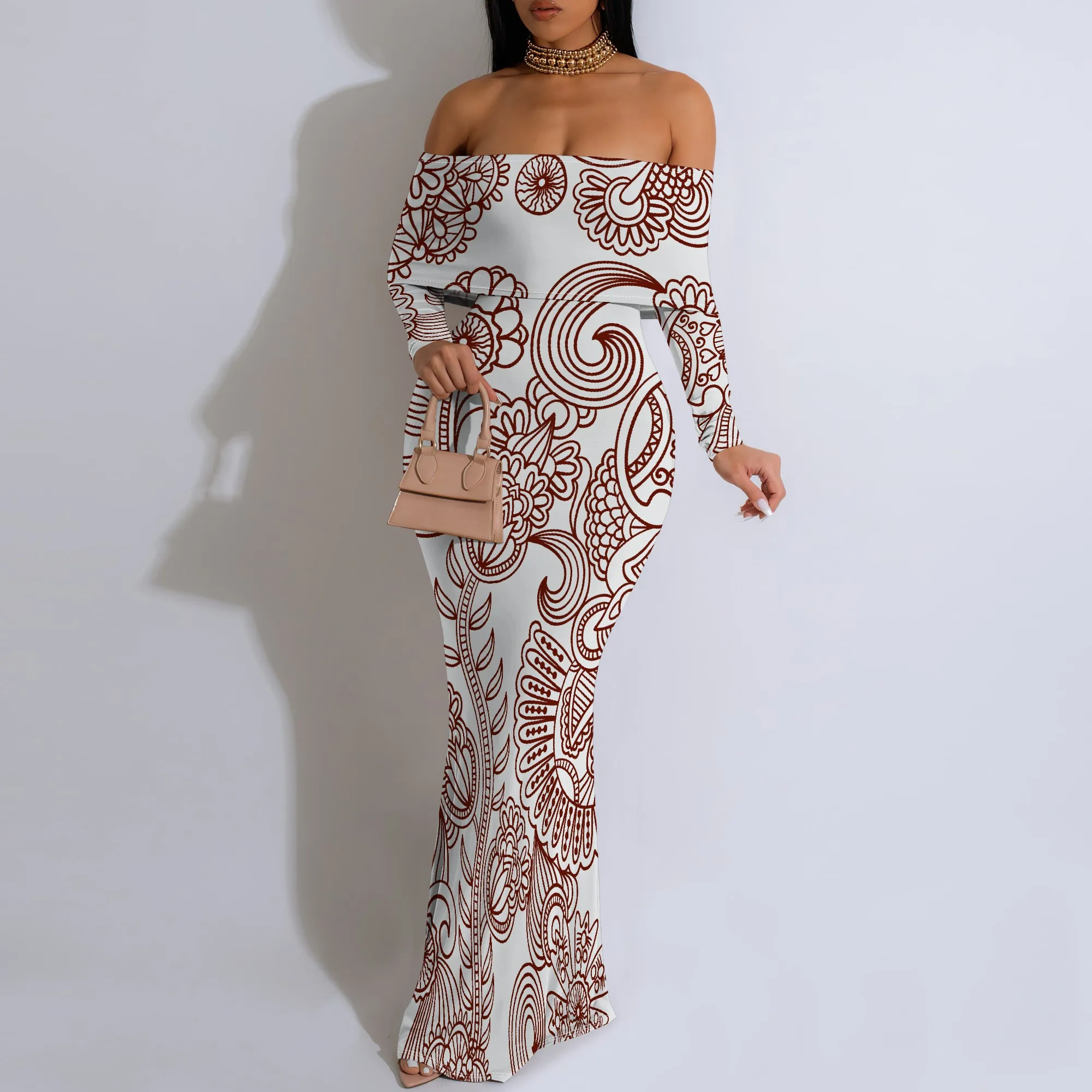 Enges, hüftumwickeltes, geometrisches, schulterfreies, kurzärmliges Damenkleid mit Rüschen, lebendiges, kulturelles Party-Casual-Maxikleid – Detail 11