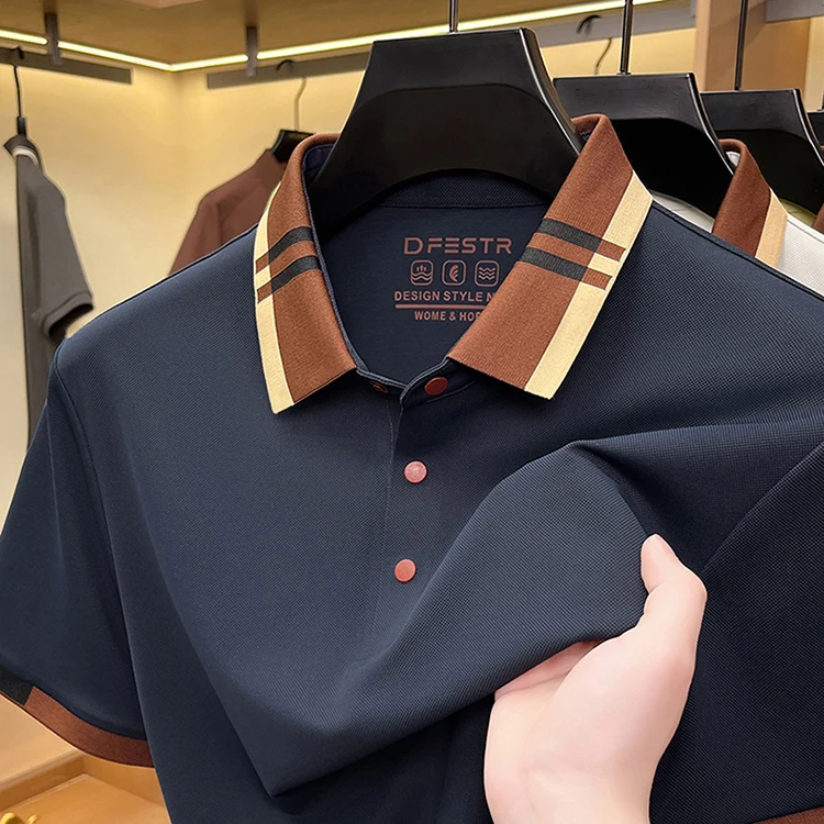 Hochwertiges Herren-Poloshirt mit kurzen Ärmeln, Sommer, luxuriös, Business-Casual, modisch, atmungsaktiv, farblich abgesetzt, mit Reverskragen. – Detail 15