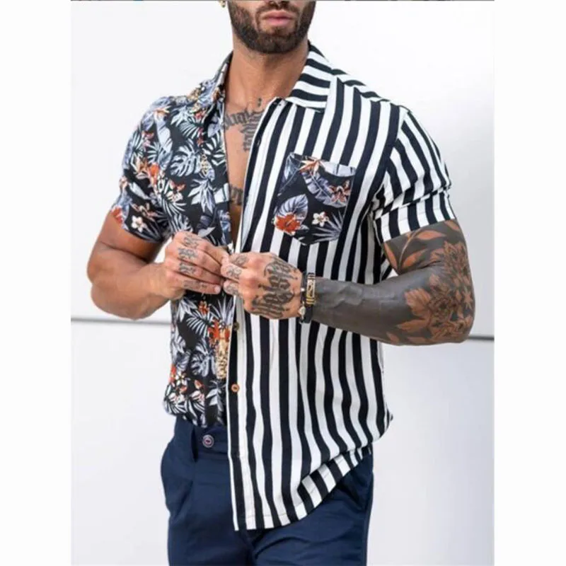 Men's Shirts Summer Fashion Trend Striped Floral Contrast Splicing Printed Hawaiian Beach Holiday Casual Short Sleeve Shirts