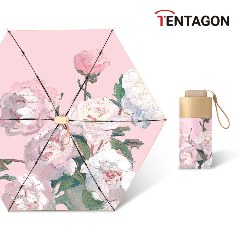 TENTAGON Totes Micro Mini Manual Compact Umbrella Rose Oil Painting