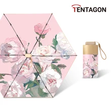 Tentagon totes micro mini manual guarda-chuva compacto rosa pintura a óleo guarda-chuva rosa com flores multicoloridas viagem sol guarda-chuva
