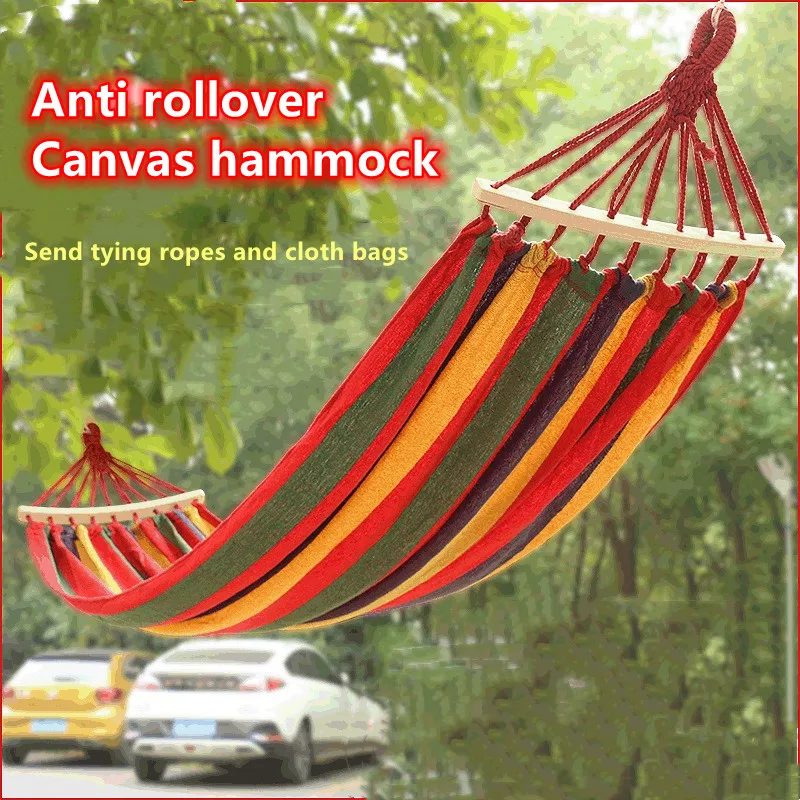 Canvas curved stick hammock swing wooden stick anti rollover children's single and double hammock outdoor camping supplies camping hammock