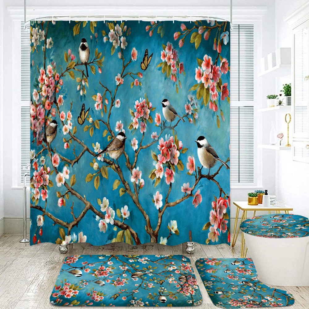 

Waterproof Bathroom Shower Curtain Flowers and Birds Bath Curtain Sets Toilet Cover Non-Slip Mat Rug Carpet Set Home Decor