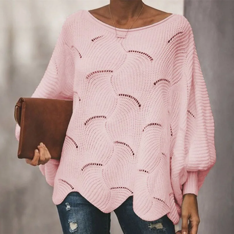 2023 Autumn Fashion Versatile Loose Round Neck Hollow Solid Casual Bat Sleeves Trendy Temperament Mid Length Knitted Women\'s Top