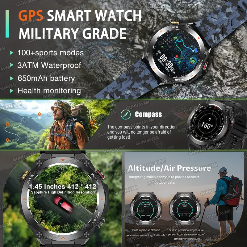 2026 New GPS Outdoor Sports military Smart Watch Men AMOLED HD Screen Compass Heart rate Waterproof Bluetooth Call Smartwatch
