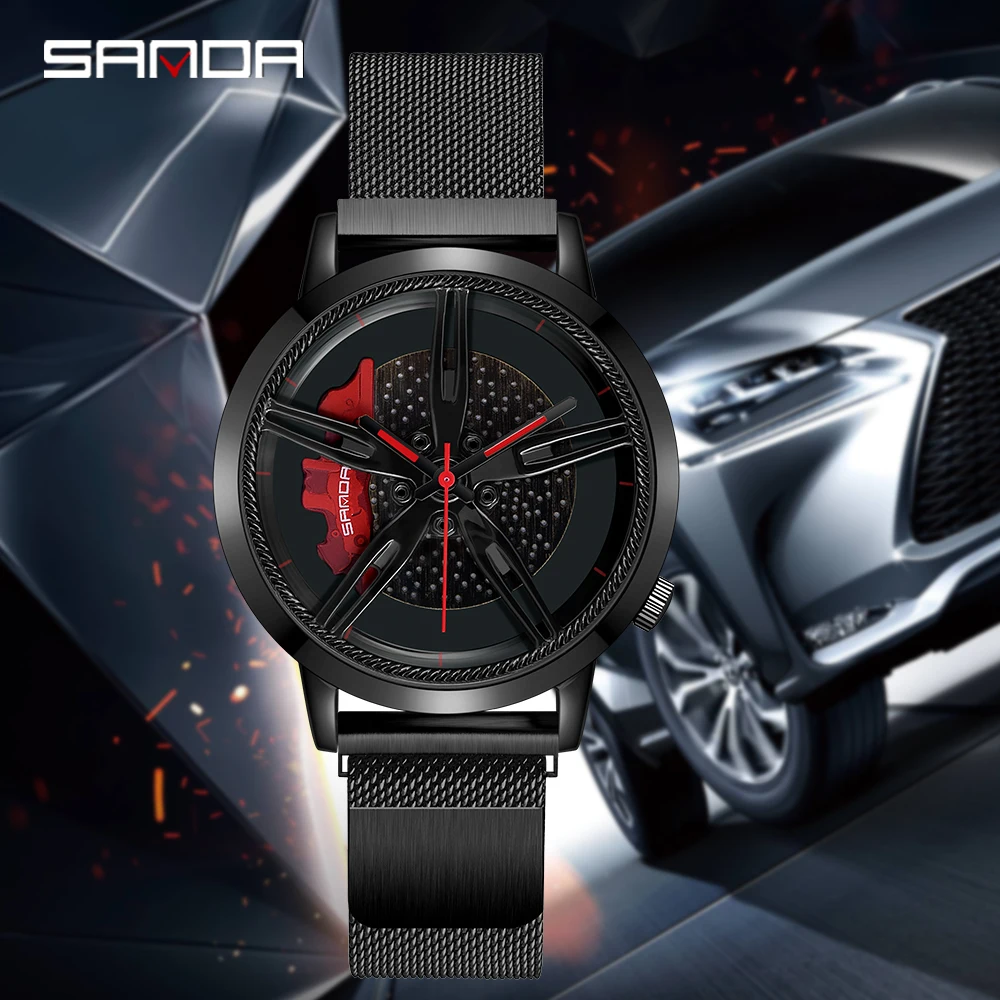 SANDA New Special Wheel Series Dial Men Watch Steel Strap Hook Buckle Premium Quartz Movement Waterproof Gift Wristwatch P1040