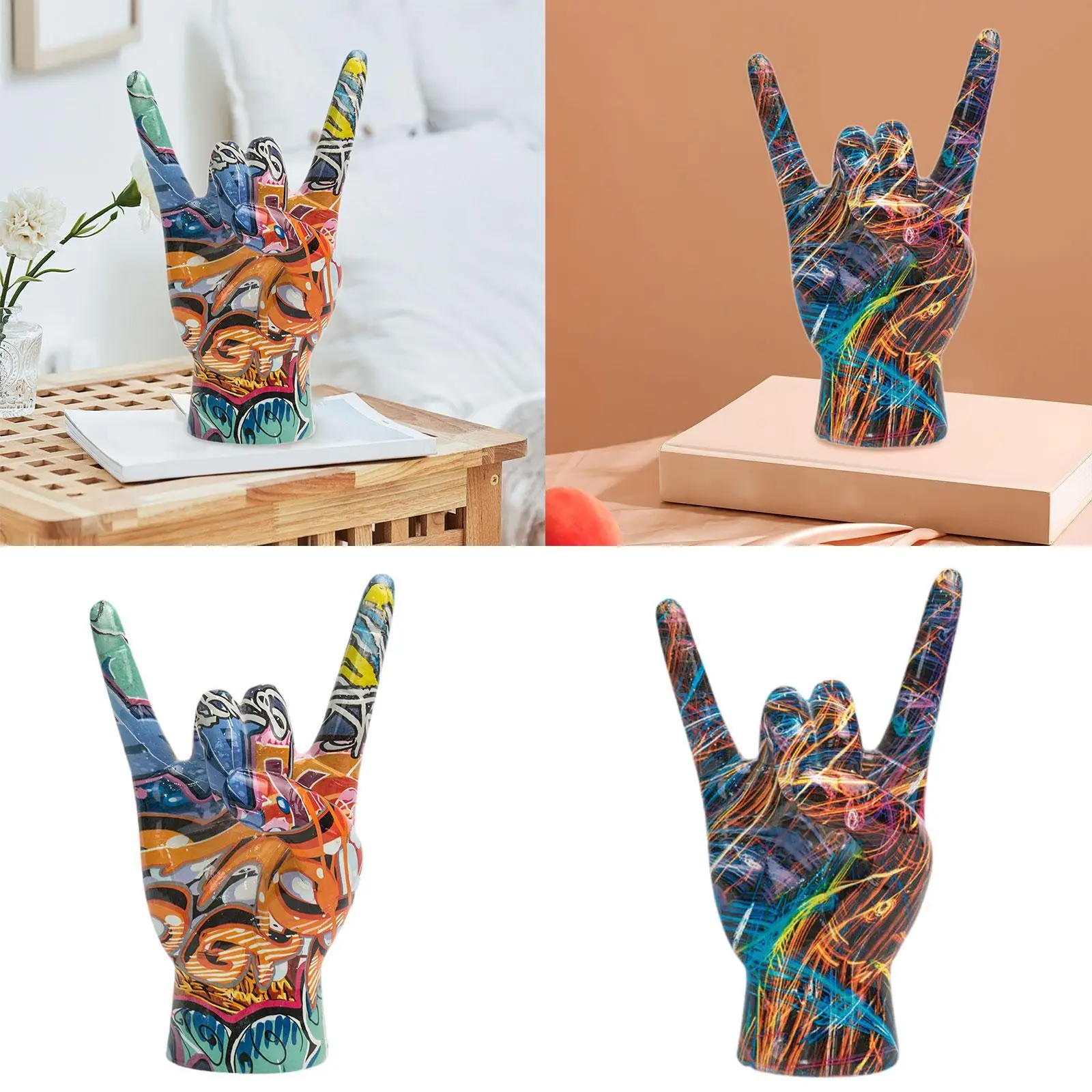 Rock on Hand Gesture Statue Art Figurine Home Decor Centerpiece Delicate Creative Sculpture for Cabinet Office Indoor Shelf Home