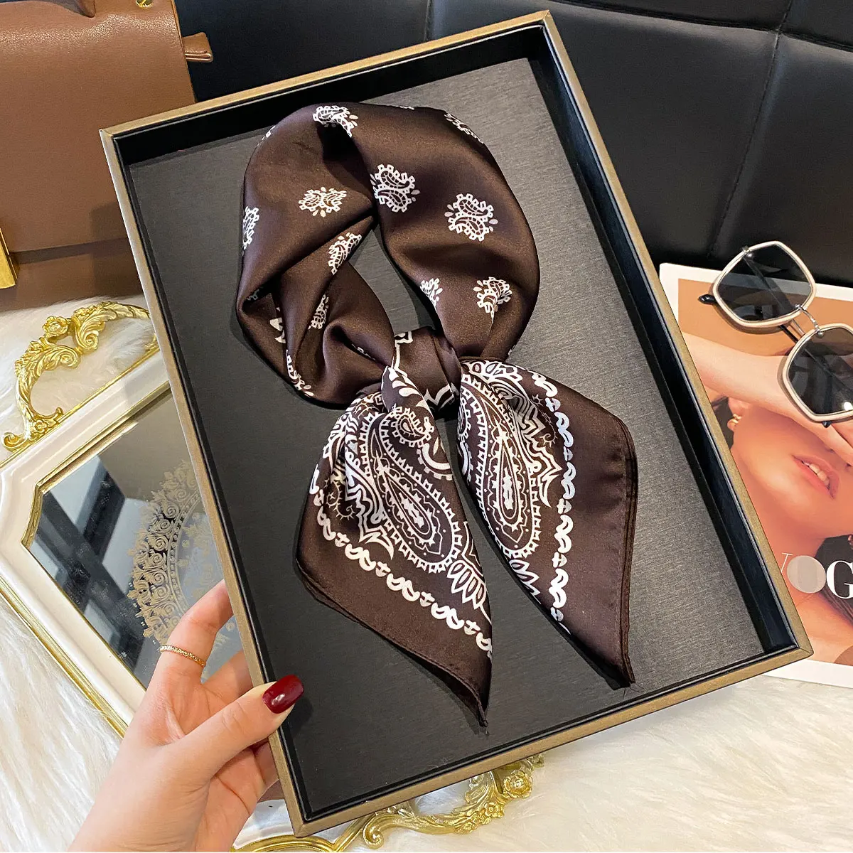 70*70cm Silk Square Scarf Women Paisley Cashew Print Neck Tie Soft Satin Neckerchief Female Foulard Headband Hijab Decorate