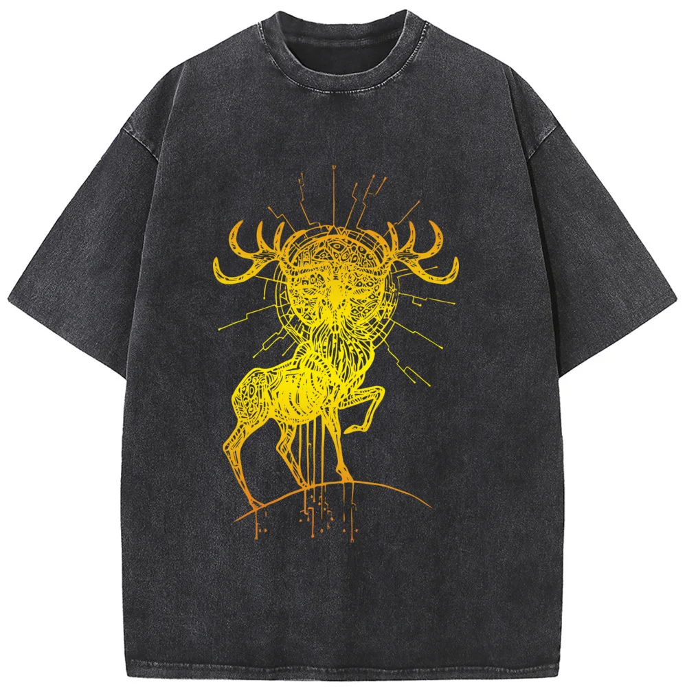 

Line Deer Unisex Washed T-Shirt Novelty 230g Cotton Summer O-Neck Bleached Tshirt Funny Casual Loose Short Sleeve