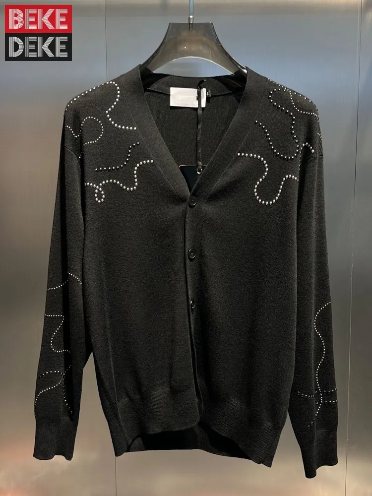 

Мужской осенний шерстяной свитер, однобортный Кардиган с V-образным вырезом и заклепками, Повседневная приталенная трикотажная куртка с длинным рукавом