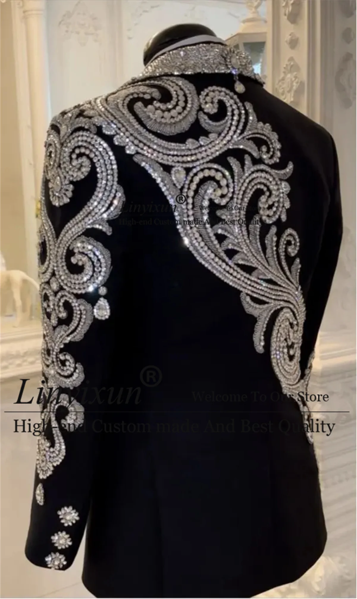 Luxury Beaded Jewelry Ornament Tuxedos Men Suit Glitter Sequins Customized Wedding Groom Blazers 3 Pieces Set rajes para hombre 2