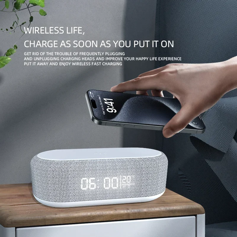 Bluetooth Speaker Stereo Loudspeaker Wireless Charger Pad Led Light Alarm Clock Fast Wireless Charging for iPhone Samsung Iconic Brand